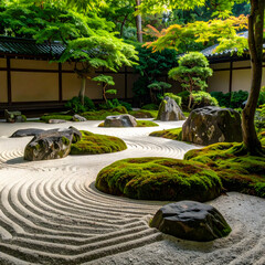 Serene Japanese Zen Garden with Moss Rocks and Sand Rake Patterns