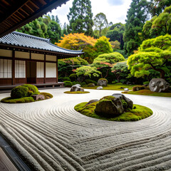 Serene Japanese Zen Garden with Traditional House and Autumn Foliage