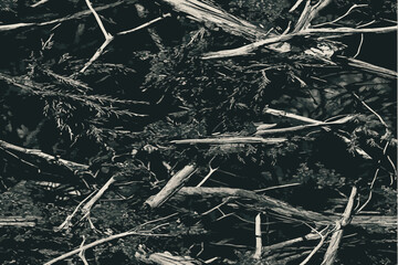 A camouflage pattern made of twigs and foliage, designed for stealthy hunting in dense woodland settings.Forest Camouflage with Real Tree Branches and Leaves for Hunting and Military Use