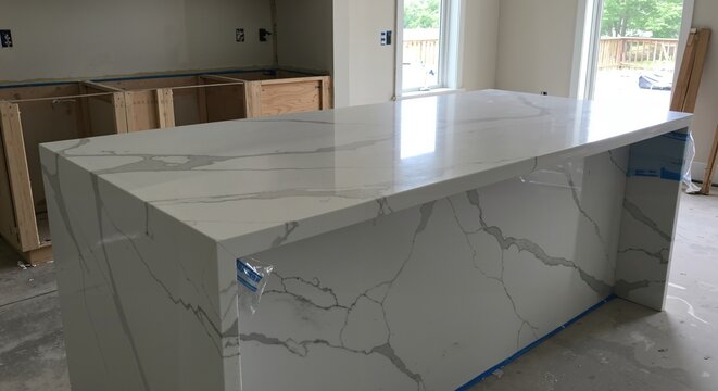 New Quartz Kitchen Island Countertop with Waterfall Edge in Home Under Construction. Modern Interior Design and Renovation Project.