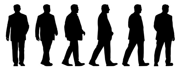 Vector concept conceptual black silhouette of a businessman from different perspectives isolated on white background. A metaphor for success, education, business, confidence, leadership and vision