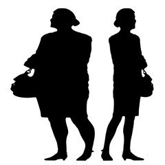 Conceptual fat overweight obese female vs slim fit healthy body after weight loss or diet on white background. A  fitness, nutrition or obesity, health shape illustration vector as silhouettes