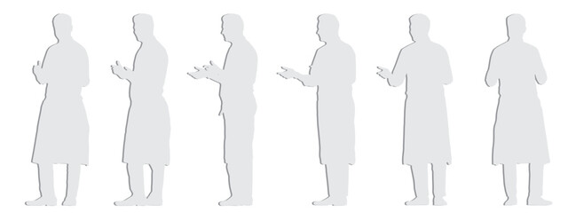 Vector concept conceptual gray paper cut silhouette of a male waiter taking an order from different perspectives isolated on white background. A metaphor for working, business, relaxation and lifestyl