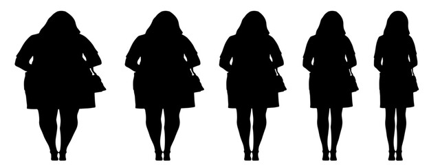 Conceptual fat overweight obese female vs slim fit healthy body after weight loss or diet on white background banner. A  fitness, nutrition or obesity, health shape illustration vector as silhouettes