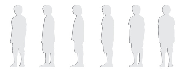Vector concept or conceptual gray paper cut silhouette of a child from different  perspectives isolated on white background. A metaphor for childhood,  free time, carefree, happiness, play and lifesty