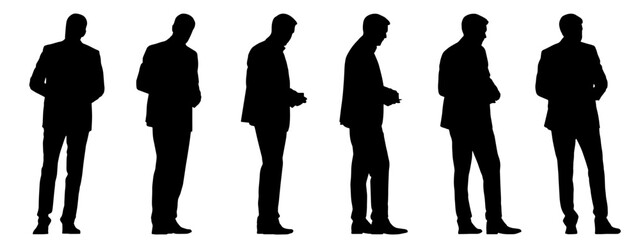 Vector concept conceptual black silhouette of a businessman having a cup of coffee in hand from different perspectives isolated on white background. A metaphor for break, business and lifestyle