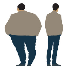 Conceptual fat overweight obese man vs slim fit healthy body after weight loss or diet, white background. A  fitness, nutrition or obesity, health care shape illustration vector as silhouettes