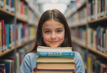 Girl smiling in a school library aisle while holding a stack of books