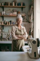 A smiling woman in her late 60s, silver hair tied in a bun, wearing a light olive apron over a soft blouse, standing in a classic sewing room, bathed in natural light, pistachio and earthy accent colo
