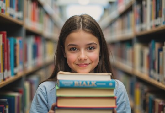 Girl smiling in a school library aisle while holding a stack of books