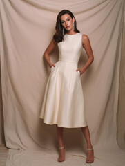 A sophisticated woman wearing a sleeveless ivory A-line midi dress with pearl earrings and heels, posing confidently in a luxury photo studio with a soft beige backdrop