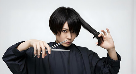 真剣な眼差しの若い美容師が自らの髪をシザーでカットしようとする印象的なセルフカットシーン、白背景で強調された黒髪とクールな表情のビジュアルポートレート -生成AI