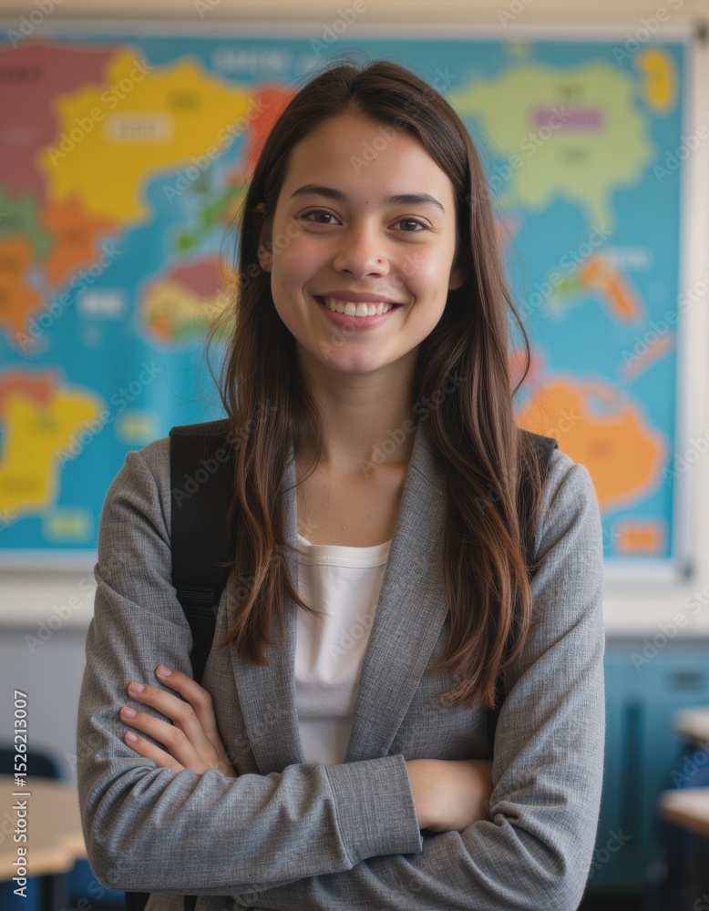 Poster student smiling confidently in front of classroom maps
