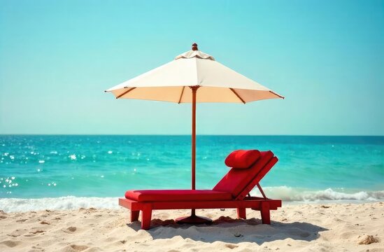 Red sunbed under a white umbrella on the beach against the backdrop of the Blue Sea