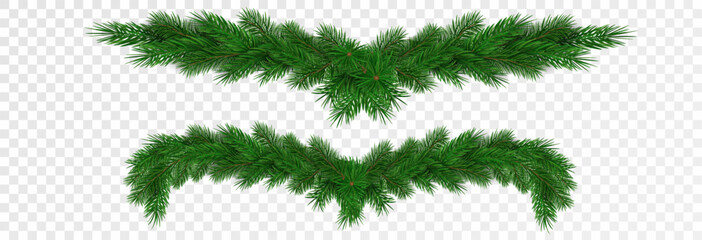 Garland of spruce branches. Christmas holiday decorations, realistic live fir tree effect with decorations for poster banners, png vector.	