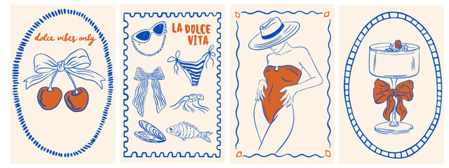 Summer Italy la dolce vita vintage posters. Amalfi or Sicily of postage stamps with image of Italian Mediterranean cocktail, cherry, bow, beach decor. Vector illustration ink doodle sketch style.