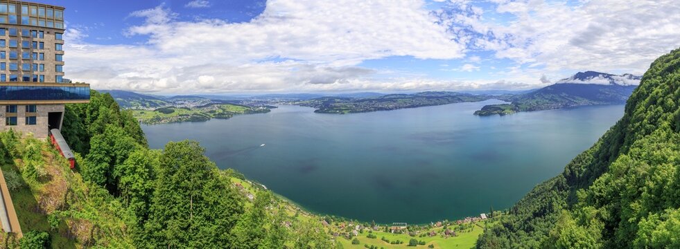Panoramic view from the B&uuml;rgenstock to Luzern and the Vierwaldst&auml;tter See lake