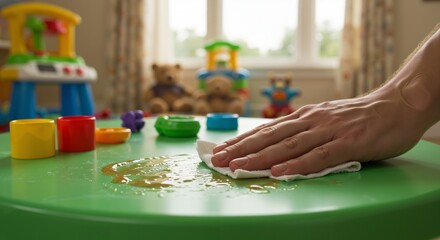 Adult Hand Wiping a Messy Spill from a Green Table in a Child's Playroom. Close-up on Domestic Chore, Cleaning and Tidying Up.