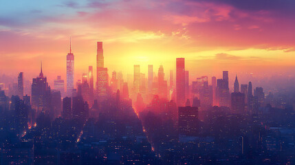 Fototapeta premium stunning skyline at sunset, showcasing tall buildings and vibrant colors in sky