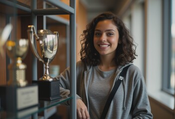Student smiling beside the school trophy case, showcasing achievements