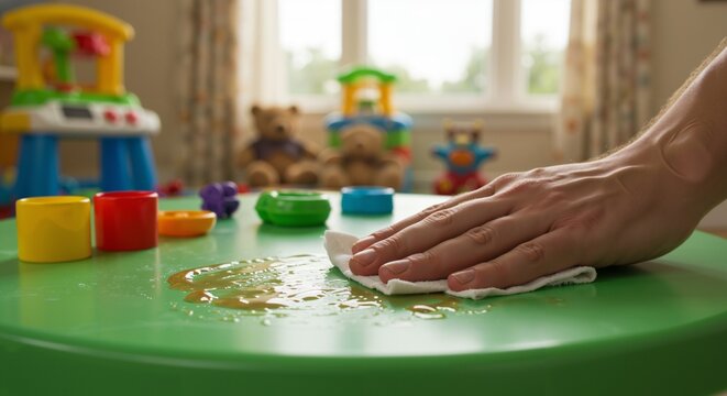 Adult Hand Wiping a Messy Spill from a Green Table in a Child's Playroom. Close-up on Domestic Chore, Cleaning and Tidying Up.