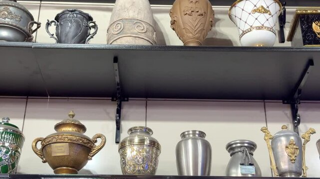Many cremation urns stand on shelf. Funeral culture, human cremation. Remains, memory. Sad heavy loss. Mourning for the deceased. Crematorium. Memorial service. Cremains.