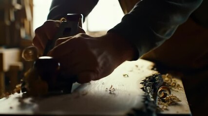 Craftsman woodworking with hand plane in a rustic workshop.