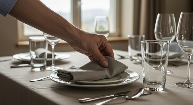Close up of an adult hand carefully placing a folded grey napkin on a white plate. Formal dining table setting with glassware and cutlery for a meal or event.