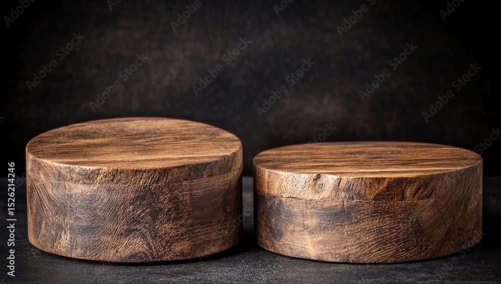 Poster old timber wooden product display podium is showcased on a black background in a 3d rendering of a v