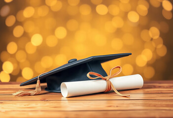 A close-up composition featuring a graduation cap tilted slightly, resting on a wooden table, alongside a rolled diploma tied with a delicate orange ribbon.