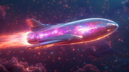 Obraz premium Interstellar Voyager: A futuristic spacecraft glides gracefully through the cosmos, leaving a trail of light across a sea of stars, embodying the spirit of exploration.