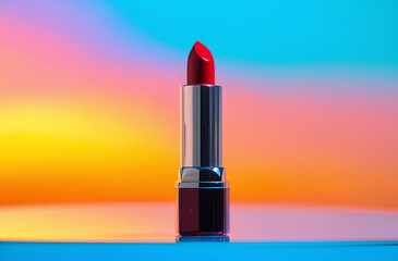 A striking image featuring a sleek red lipstick tube centered against a vibrant colorful backdrop