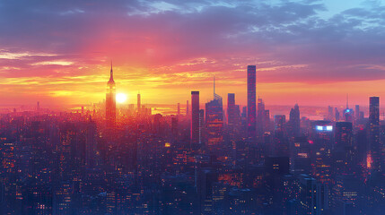 Fototapeta premium stunning sunset over city skyline, showcasing tall buildings and vibrant colors