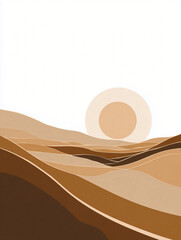 abstract desert composition with soft earth tones and sun disk, flat design on white background