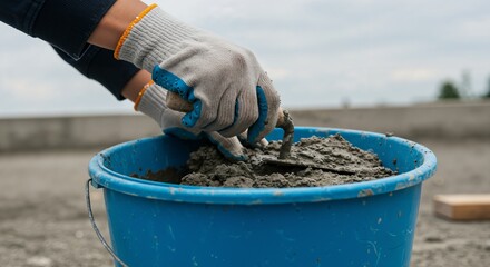 Close-up of gloved hands mixing cement with a trowel in a blue bucket. Construction worker preparing concrete mixture for building or renovation project outdoors.