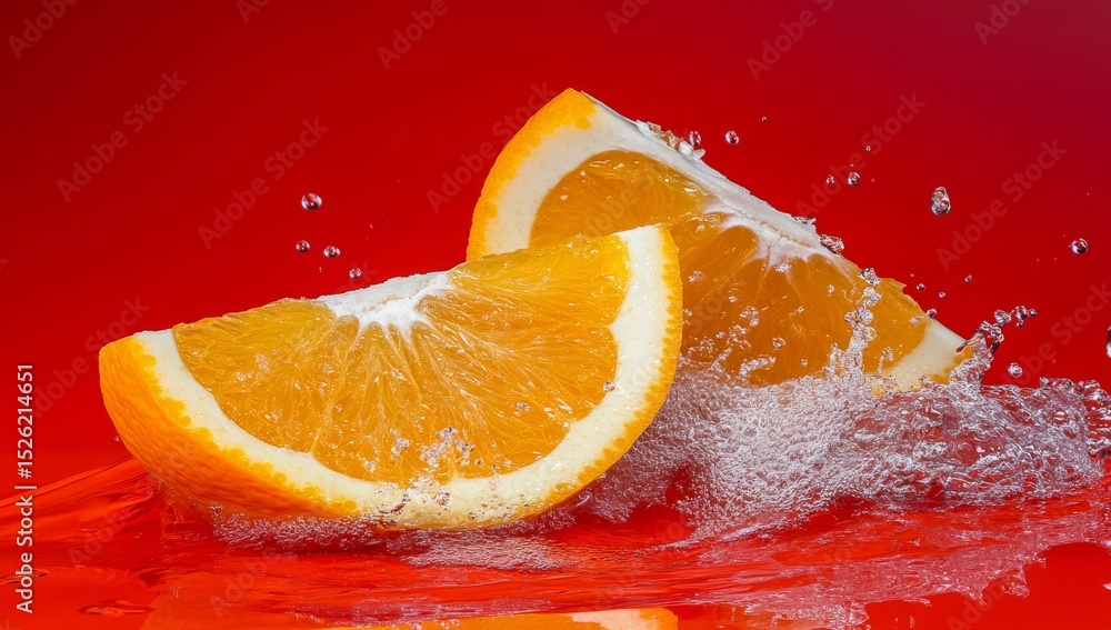 Poster the image of orange slices sinking underwater and landing on a yellow surface is one of dynamic fres