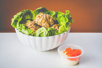 Chicken Karaage made with Japanese soy marinated chicken thigh, tobiko mayo