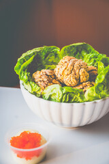 Chicken Karaage made with Japanese soy marinated chicken thigh, tobiko mayo