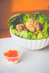 Chicken Karaage made with Japanese soy marinated chicken thigh, tobiko mayo