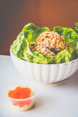 Chicken Karaage made with Japanese soy marinated chicken thigh, tobiko mayo