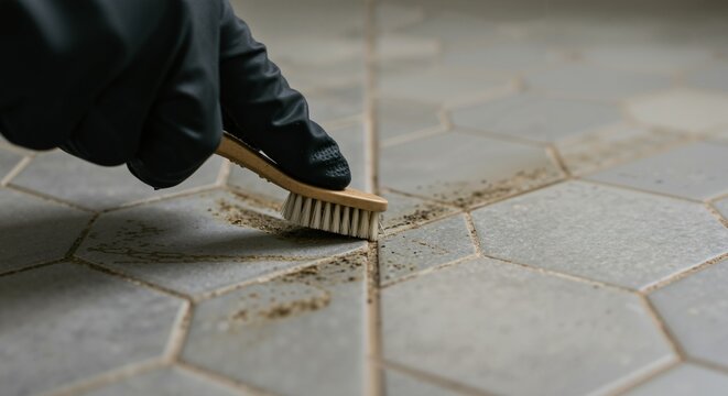 Close-up of a gloved hand meticulously scrubbing dirty grout lines between hexagonal floor tiles. Household cleaning and home maintenance concept.