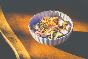 Burnt Brussels Sprouts with Char, Cream, and Umami Honey miso glaze, sour cream, fried shallots, chives