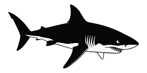 Great white shark illustration in black and white, depicting a powerful ocean predator with sharp teeth and imposing fins