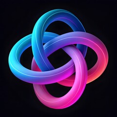 "Vibrant 3D torus knot made of glowing intertwined loops in blue, pink, and purple hues on a black background."

