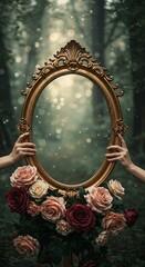 Obraz premium Golden Frame with Roses Held in Forest