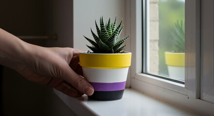 Hand placing a small succulent in a pot painted with non-binary pride flag colors on a sunlit windowsill. Celebrating gender identity, diversity, and home gardening.