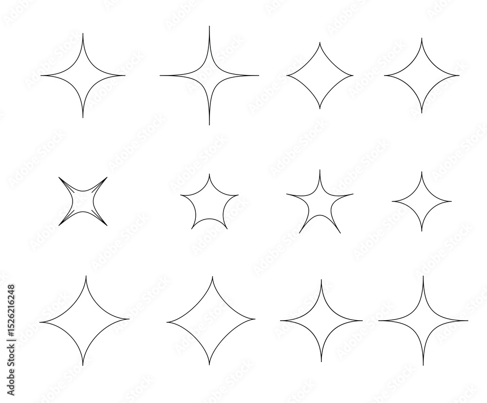 Poster twelve sparkling starburst shapes simple line art graphic design elements for digital projects, prin