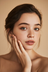 beautiful girl with smooth beautiful skin, looks at the camera, touches her face with her hand, close-up, natural tones