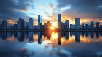 Obraz premium stunning city skyline at sunset, reflecting on water surface, creates serene atmosphere