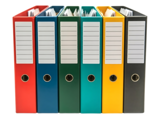 Six colorful lever arch files isolated on transparent background